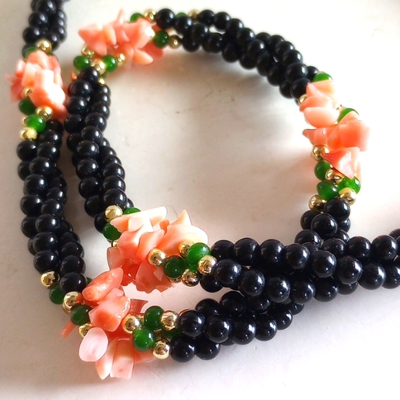 VINTAGE PINK ANGEL SKIN CORAL BLACK GREEN GLASS 3 STRANDS ROPE NECKLACE 22" LONG - Picture 4 of 8